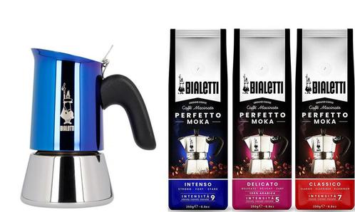 Bialetti Venus Blue 2 kops + koffiepakket 3x250gr, Witgoed en Apparatuur, Koffiezetapparaten, 2 tot 4 kopjes, Nieuw, Koffiebonen