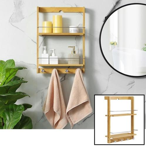 Hangend badkamerrek van bamboe hout - Met 2 legplanken en 4, Huis en Inrichting, Kasten | Wandmeubels, Nieuw, Verzenden