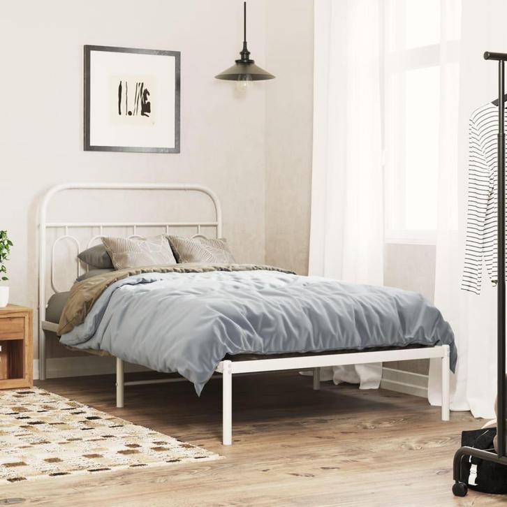 vidaXL Bedframe met hoofdbord metaal wit 100x190 cm, Huis en Inrichting, Slaapkamer | Bedden, 100 cm, 190 cm of minder, Wit, Eenpersoons