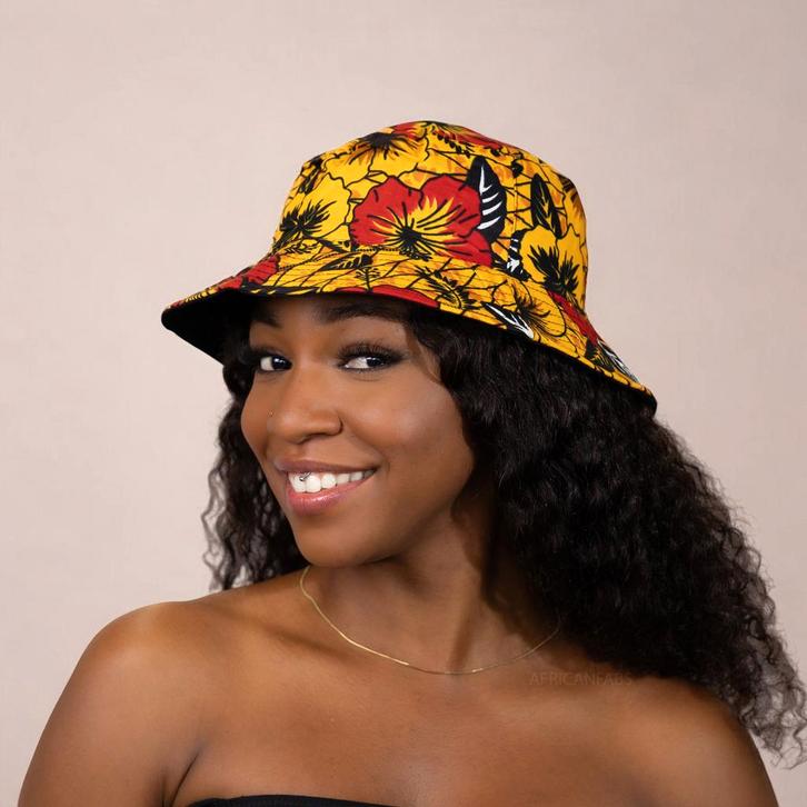 Bucket hat / Vissershoedje met Afrikaanse print - Gele Flowe, Kleding | Heren, Hoeden en Petten, Nieuw, Ophalen of Verzenden