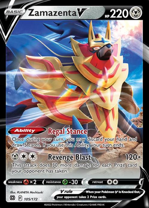 Zamazenta V 105/172 Brilliant Stars, Hobby en Vrije tijd, Verzamelkaartspellen | Pokémon, Losse kaart, Nieuw, Foil, Ophalen of Verzenden