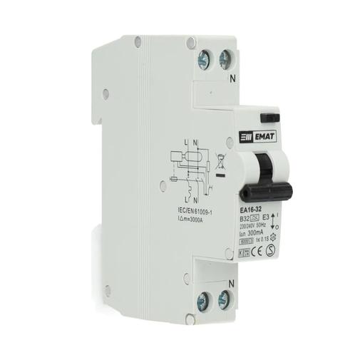 EMAT aardlekautomaat 1-polig+nul 32A B-kar 300mA (85006052), Doe-het-zelf en Verbouw, Elektra en Kabels, Verzenden