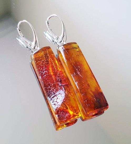 Natuurlijke Baltische Amber Oorbellen met fossiel insect, Verzamelen, Mineralen en Fossielen