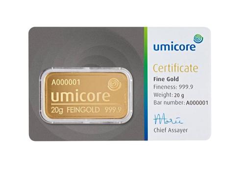 Umicore Goudbaar 20 gram met certificaat | Goudonline, Postzegels en Munten, Edelmetalen en Baren, Goud, Verzenden
