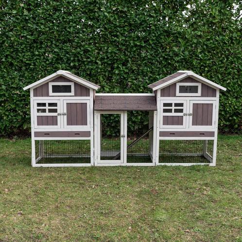 Konijnenhok Amalie Duo met ren Wit/Taupe Dennenhout Afmeting, Dieren en Toebehoren, Knaagdieren en Konijnen | Hokken en Kooien
