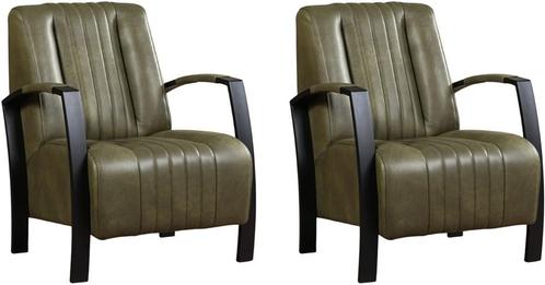 Olijfgroene leren industriële stalen fauteuils - Granada le, Huis en Inrichting, Fauteuils, 50 tot 75 cm, 75 tot 100 cm, Nieuw