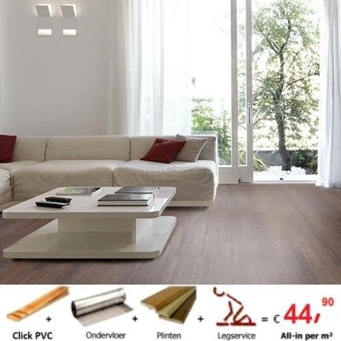 Klik PVC + ondervloer + plinten + leggen = voor € 39,90 p/m², Huis en Inrichting, Stoffering | Vloerbedekking, Vinyl, Bruin, Grijs
