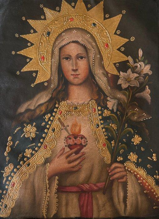 Cuzco school (XX) - Virgin of the Sacred Heart, Antiek en Kunst, Kunst | Schilderijen | Klassiek