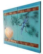 Ksavera - Japanese bird J349 - turquoise painting - diptych, Antiek en Kunst