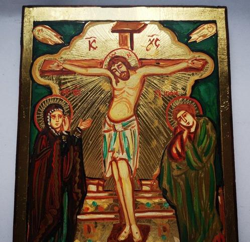 Icoon - Russisch handgeschilderd icoon van de kruisiging van, Antiek en Kunst, Antiek | Boeken en Bijbels