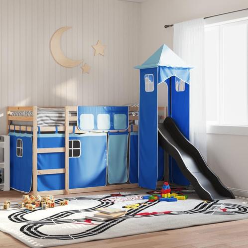 vidaXL Stapelbed met glijbaan en gordijnen blauw 90x190 cm, Huis en Inrichting, Slaapkamer | Bedden, 90 cm, 190 cm of minder, Blauw