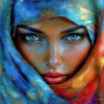 John Joseb glasschilderij gesluierde mooie vrouw felle kleur beschikbaar voor biedingen