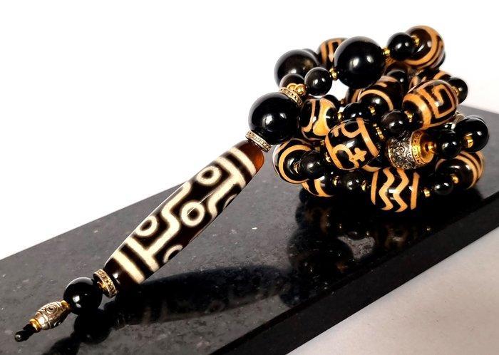 Gele agaat en obsidiaan - Ketting - Boeddhistische mala –, Antiek en Kunst, Antiek | Boeken en Bijbels
