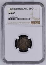 Koningin Wilhelmina 25 cent 1898 MS63 gecertificeerd NGC, Zilver, Losse munt, Verzenden