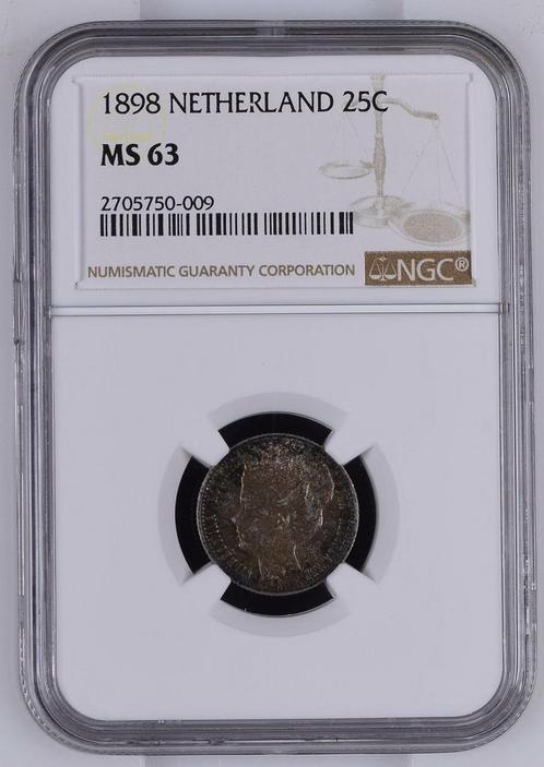 Koningin Wilhelmina 25 cent 1898 MS63 gecertificeerd NGC, Postzegels en Munten, Munten | Nederland, Losse munt, 25 cent, Koningin Wilhelmina