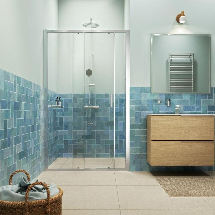 Tweedelige schuifdeur in nis helder veiligheidsglas met, Doe-het-zelf en Verbouw, Sanitair, Ophalen of Verzenden