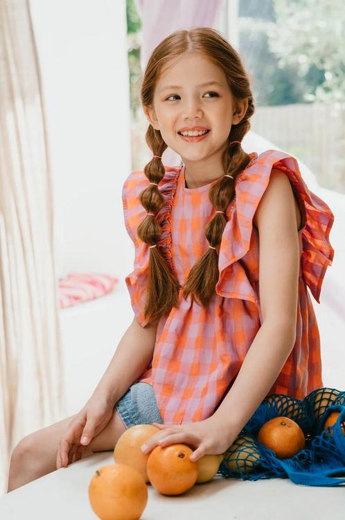 Ruffle Blouse Check gamba Hortensia  Petit Blush Maat 104, Kinderen en Baby's, Kinderkleding | Maat 104, Meisje, Nieuw, Trui of Vest