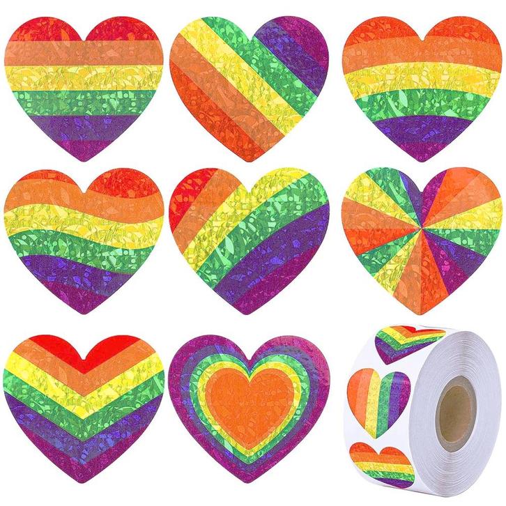 500 Stickers Op Rol - 2.5cm - Hart / Hartjes Regenboog Twist, Diversen, Cadeauverpakkingen, Verzenden