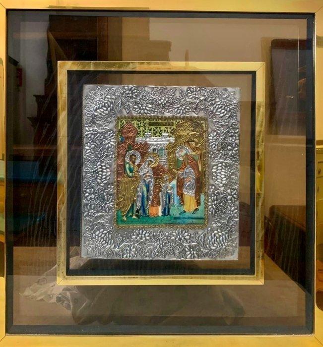 Icoon - Opdracht van Maria in de tempel - Verzilverd, Glas -, Antiek en Kunst, Antiek | Boeken en Bijbels