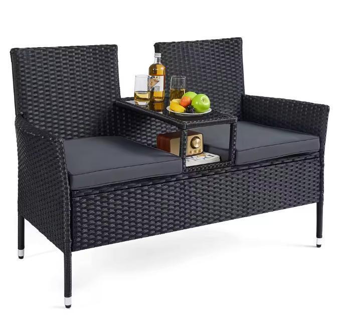 2-in-1 Balkonbank van Rotan Zwart – Tafel, Kussens, Glastop, Tuin en Terras, Tuinsets en Loungesets, Bijzettafel, Stoel, 2 zitplaatsen