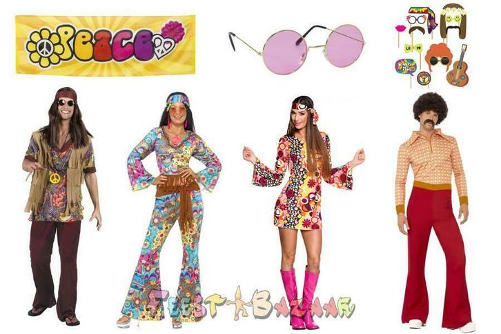Hippie Kleding Flower Power Feest Peace Ketting Pruik Bril, Hobby en Vrije tijd, Feestartikelen, Nieuw, Ophalen of Verzenden