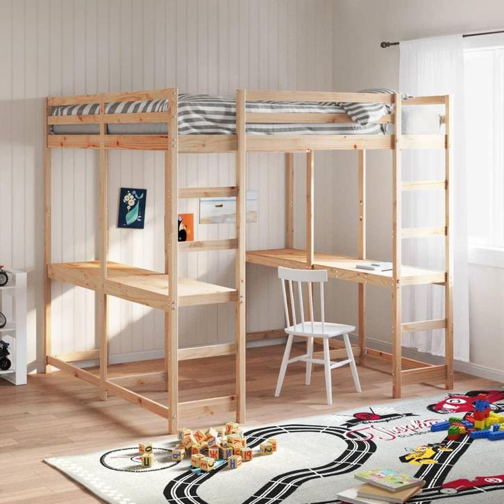 vidaXL Hoogslaper met bureau en ladder massief grenenhout, Huis en Inrichting, Slaapkamer | Bedden, 160 cm, 200 cm, Bruin, Tweepersoons