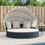 vidaXL Loungebed met luifel en kussens poly rattan zwart, Tuin en Terras, Verzenden, Nieuw