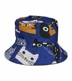 Bucket Hat Omkeerbaar Katten Patroon Blauw, Nieuw