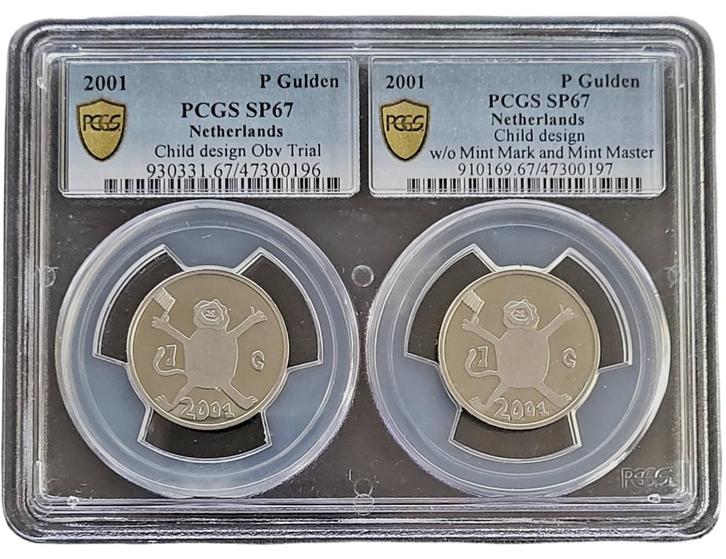 Koningin Beatrix DUO slab 1 gulden 2001 SP67 PCGS 1e Ontwerp, Postzegels en Munten, Munten | Nederland, Losse munt, 1 gulden, Koningin Beatrix