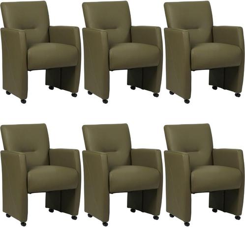 Set van 6 Olijfgroene leren moderne eetkamerfauteuils - Tole, Huis en Inrichting, Stoelen, Vijf, Zes of meer stoelen, Overige kleuren