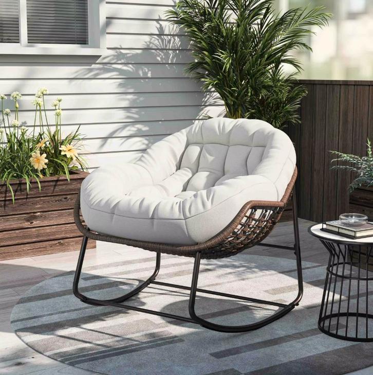 Rotan Schommelstoel Wit - Fauteuil met Gewatteerd Kussen, Huis en Inrichting, Stoelen, Eén, Wit, Nieuw, Riet of Rotan, Stof, Verzenden