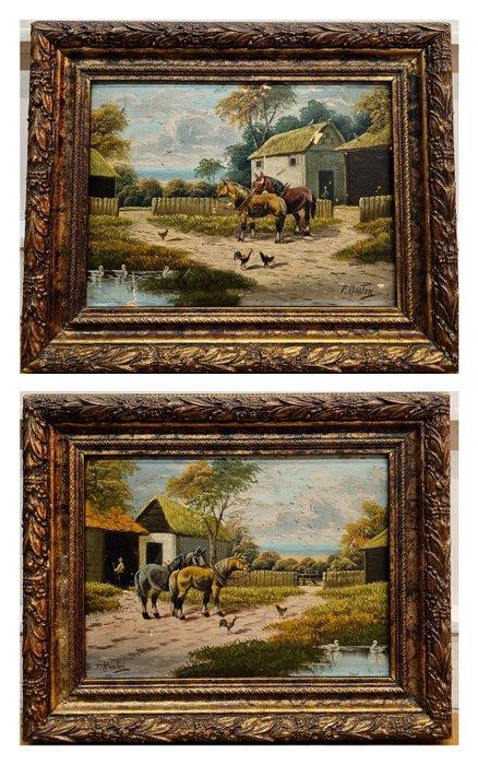 European School (XIX-XX) - Rural Horses Diptych signed, Antiek en Kunst, Kunst | Schilderijen | Klassiek