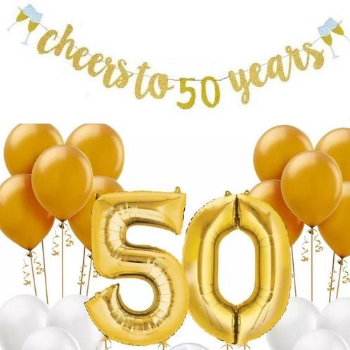 Jubileum set goud Cheers to 50 Years 22-delig, Hobby en Vrije tijd, Feestartikelen, Abraham of Sarah, Versiering, Nieuw, Verzenden