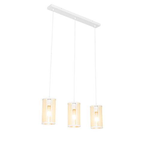 Oosterse hanglamp wit met rotan 3-lichts langwerpig - Akira, Huis en Inrichting, Lampen | Hanglampen, Nieuw, Overige materialen