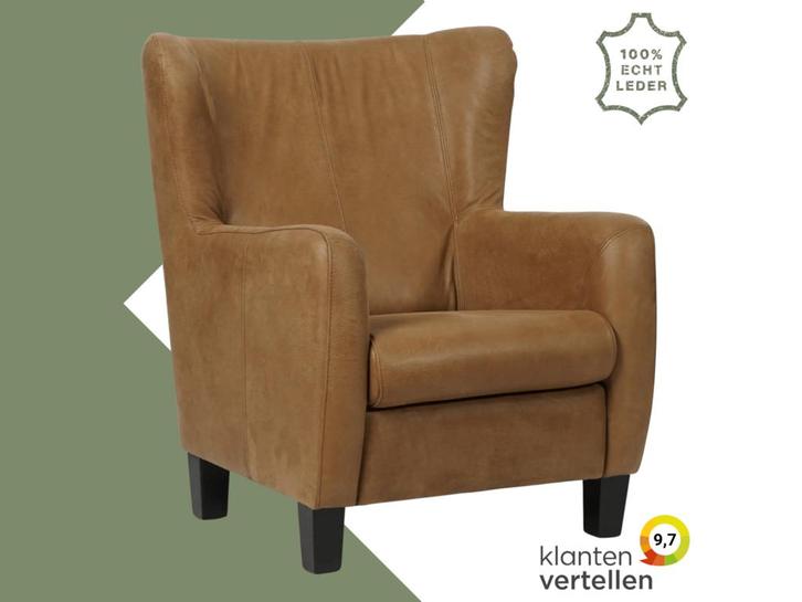 Leren fauteuil Hug - Kenia Brown (bruin) - Poten hout zwart, Huis en Inrichting, Fauteuils, 75 tot 100 cm, 75 tot 100 cm, Nieuw