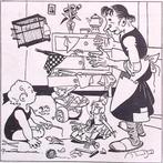 Kind maakt rommel in de kamer op spotprent (lijst optie), Antiek en Kunst, Verzenden