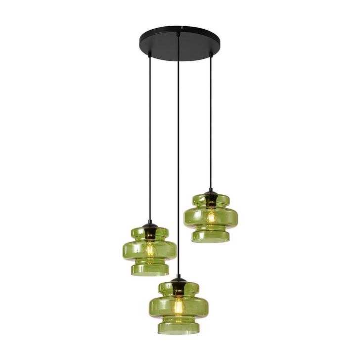 Retro hanglamp zwart met groen glas 3-lichts - Denise, Huis en Inrichting, Lampen | Hanglampen, Nieuw, Glas, 75 cm of meer