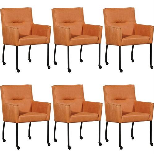 Set van 6 Oranje leren moderne eetkamerstoelen - Kenia Leer, Huis en Inrichting, Stoelen, Vijf, Zes of meer stoelen, Nieuw, Leer