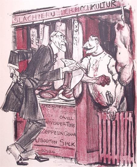 Wilhelm als slager in gesprek met Wilson op spotprent, Antiek en Kunst, Kunst | Litho's en Zeefdrukken, Verzenden