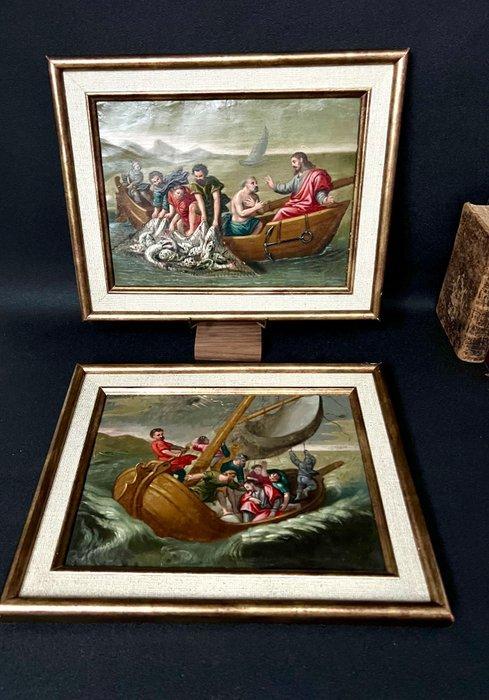 Paire d’huiles sur tôle - Le miracle de la pêche et Jésus, Antiek en Kunst, Kunst | Niet-Westerse kunst