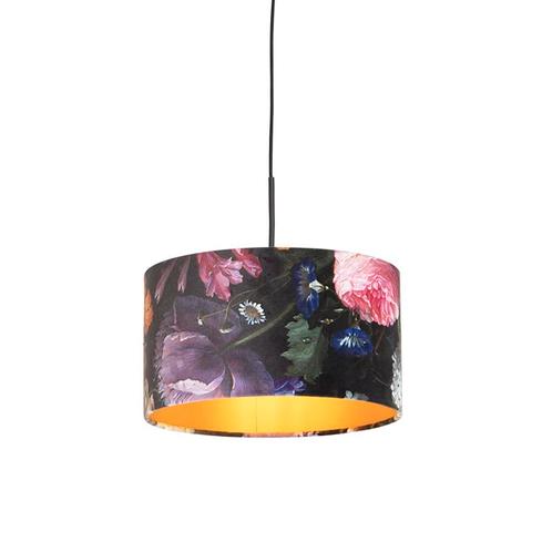 Hanglamp met velours kap bloemen met goud 35 cm - Combi, Huis en Inrichting, Lampen | Hanglampen, Nieuw, Overige materialen, 75 cm of meer