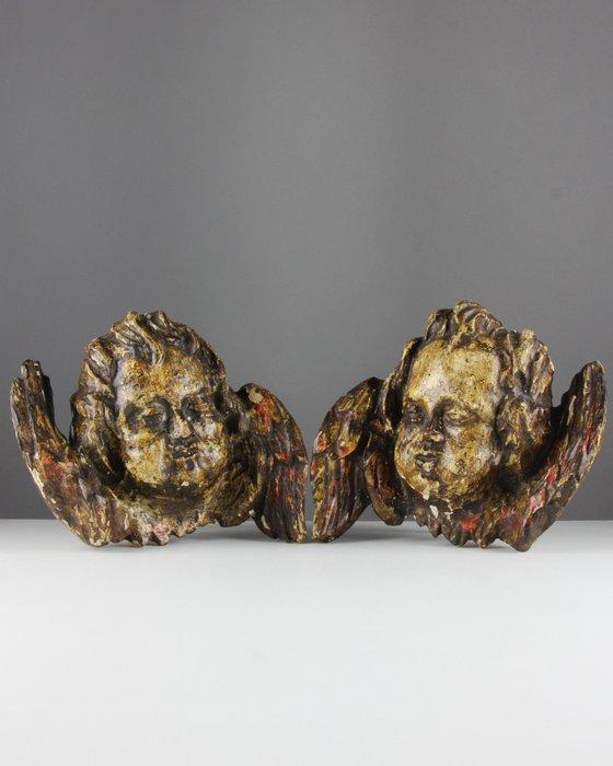 sculptuur, Baroque Cherub / Putti Heads – Pair - 17-18th, Antiek en Kunst, Kunst | Niet-Westerse kunst