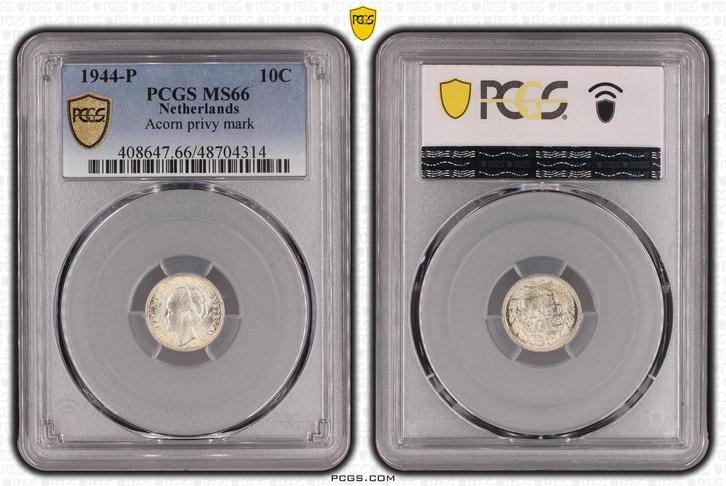Koningin Wilhelmina 10 cent 1944 EP MS66 PCGS gecertificeerd, Postzegels en Munten, Munten | Nederland, Losse munt, 10 cent, Koningin Wilhelmina