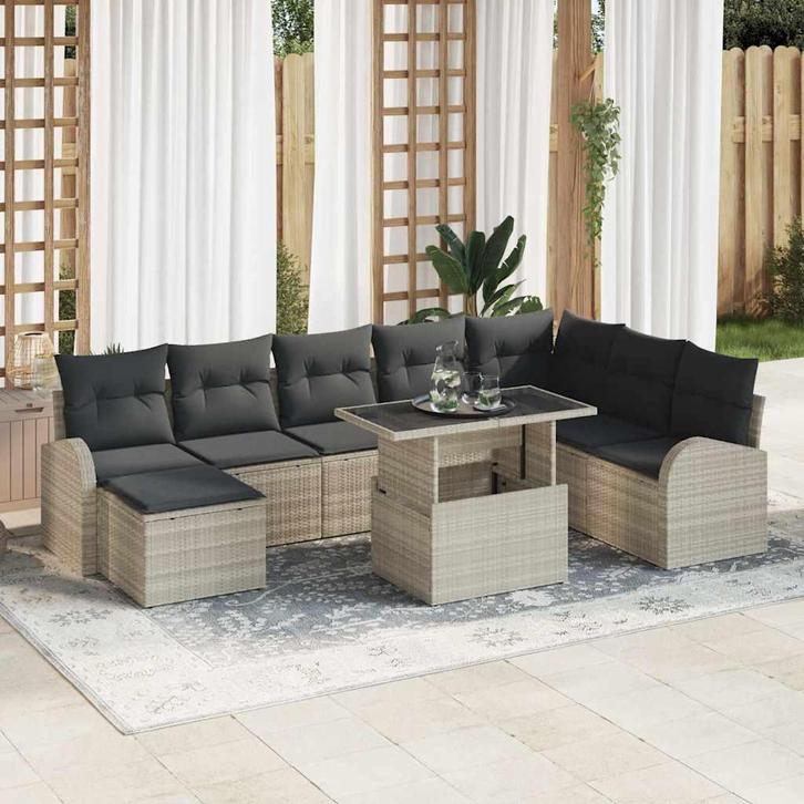 vidaXL Tuin Sofa Set met opslag 9 pcs Lichtgrijs Poly riet, Tuin en Terras, Tuinsets en Loungesets, Nieuw, Rotan, Verzenden