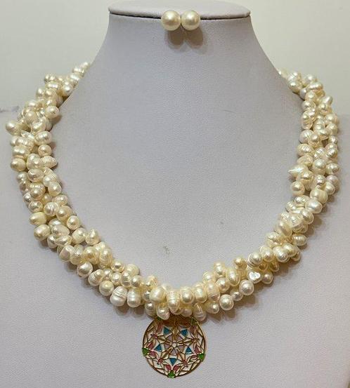Witte parel ketting en oorbellen met afneembare Mandala, Antiek en Kunst, Antiek | Boeken en Bijbels
