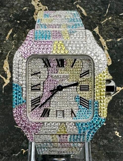 Cartier Santos - Camo Color - Large - Iced Out - Diamonds, Sieraden, Tassen en Uiterlijk, Horloges | Heren, Staal, Nieuw, Staal