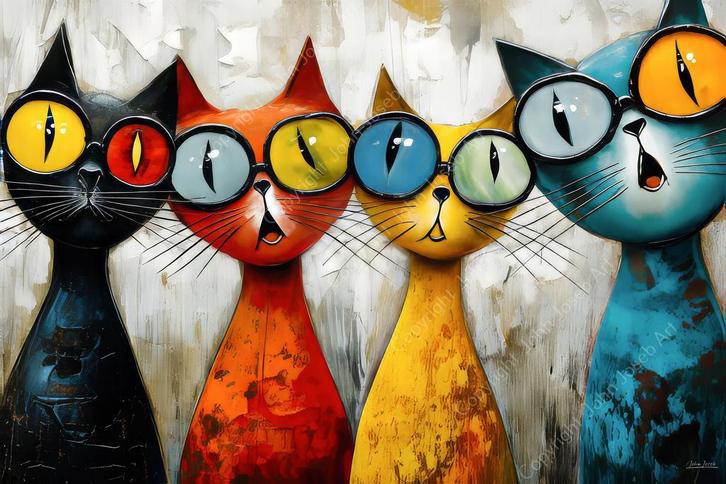 John Joseb Art glasschilderij grappige poezen, abstract, Huis en Inrichting, Woonaccessoires | Schilderijen, Tekeningen en Foto's