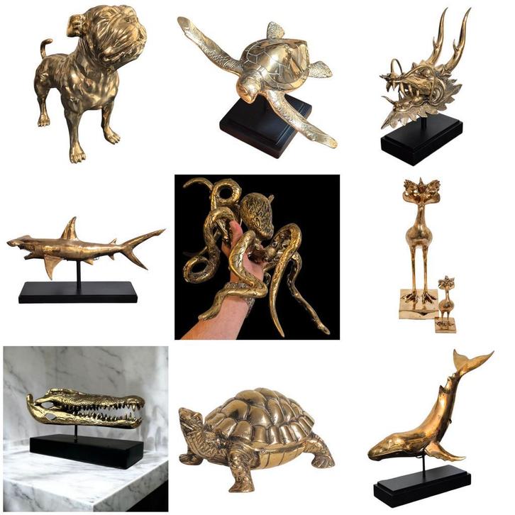 Messing dieren beelden schildpad haai bulldog goudkleurig, Antiek en Kunst, Kunst | Beelden en Houtsnijwerken, Ophalen of Verzenden