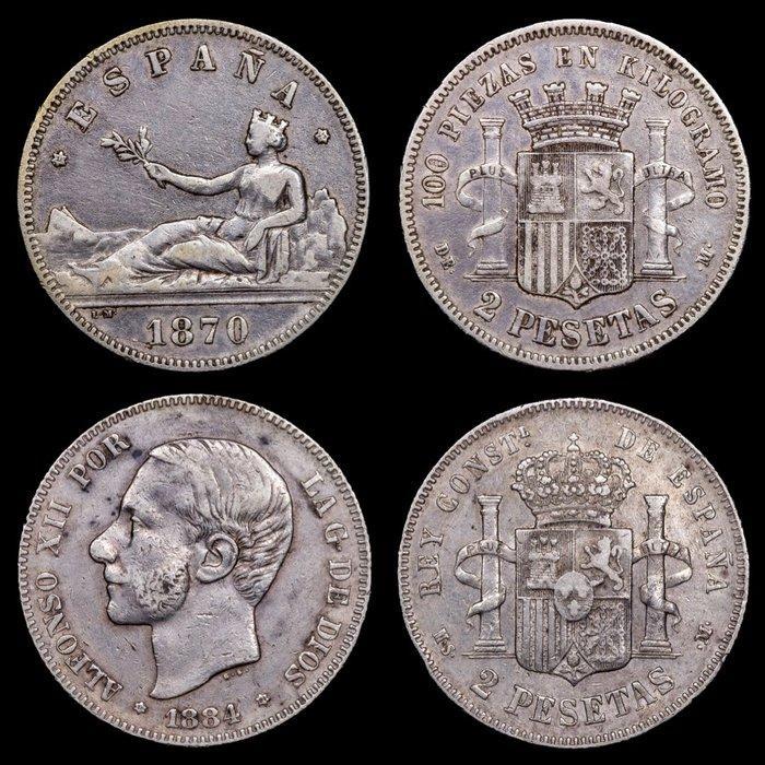 Spanje. Primera Republica y Alfonso XII. 2 Pesetas 1870/1884, Postzegels en Munten, Munten | Europa | Niet-Euromunten