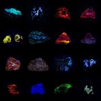 Set van 16 fluorescerende mineralen SW+ LW Hyaliet scheelit/